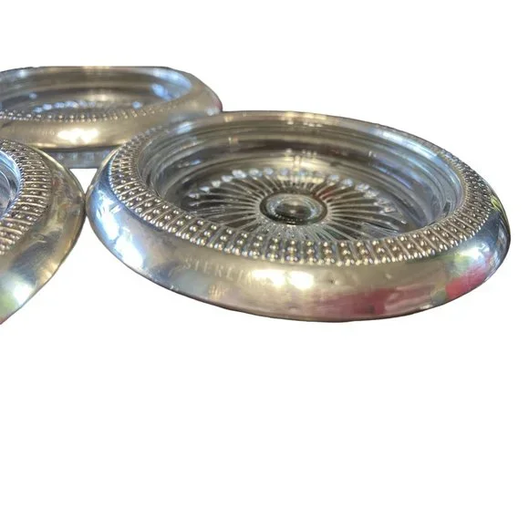 Set of 3 Antique Art Deco Sterling Silver Wrapped Crystal Coasters - Picture 8 of 11